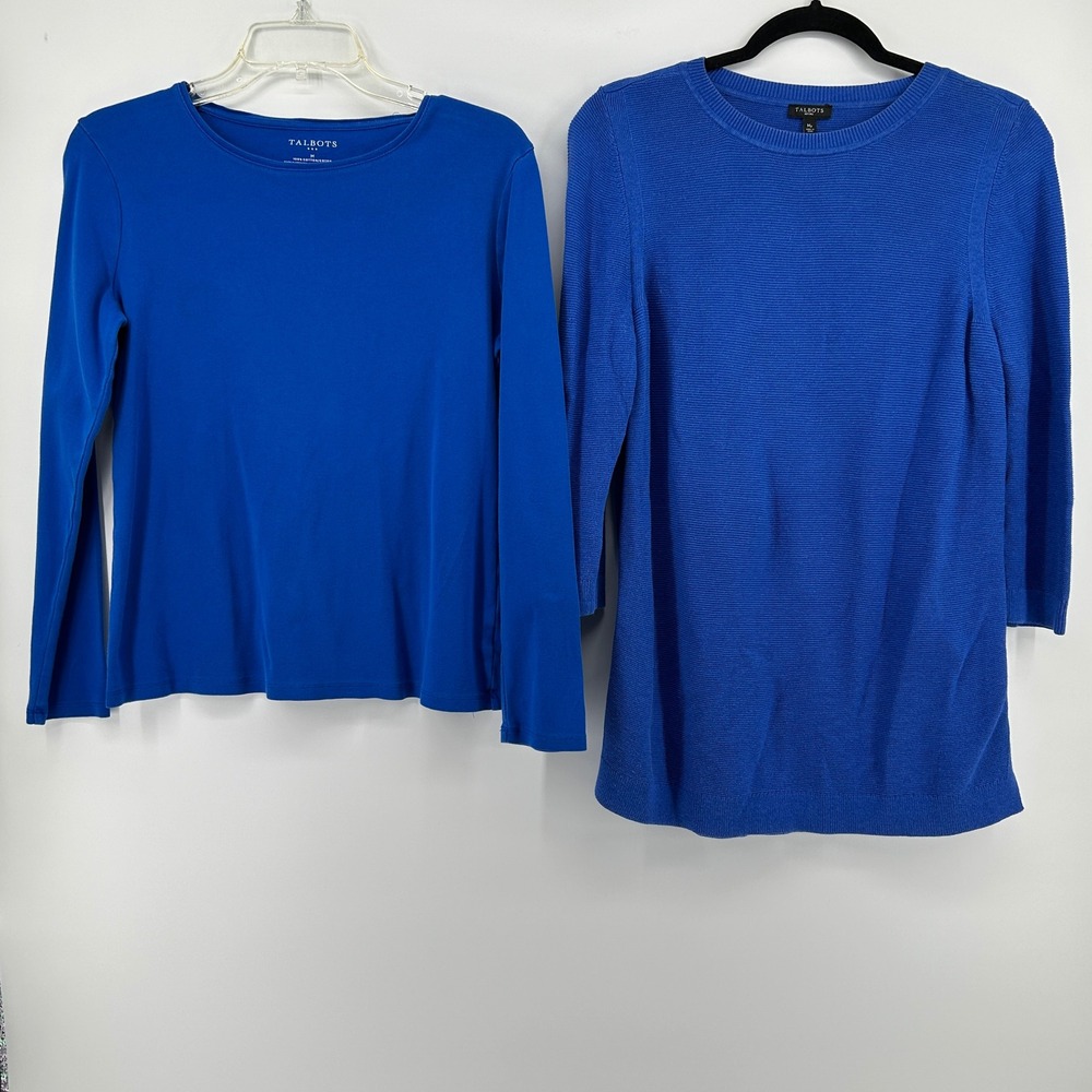 BUNDLE Talbots Medium Blue Cotton Long Sleeve Tee MP Ribbed Knit Tunic Sweater